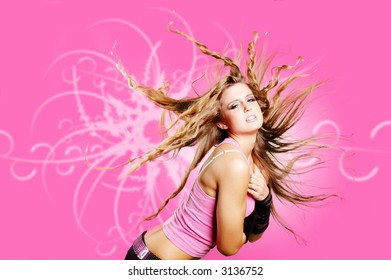 dancer girl is doing a hair flip against funky background