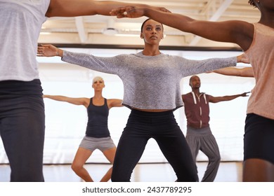 Dancer, group and stretching at training in studio for workout, exercise or health for wellness. People, friends and together in dancing team for warm up, creative or balance in class, art or ballet