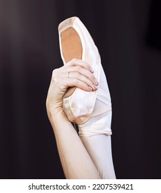 Dancer Hand And Foot On Ballet Shoe And Hand, Show Posture And Balance At Dance Class. Zoom Of Woman Dancing In Studio, Practice Or Training During Professional Performance Or Recital In A Theater