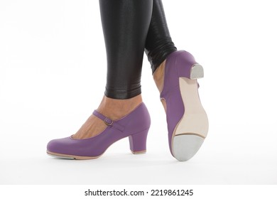 Dancer Wearing Colorful Tap Shoe On White Background