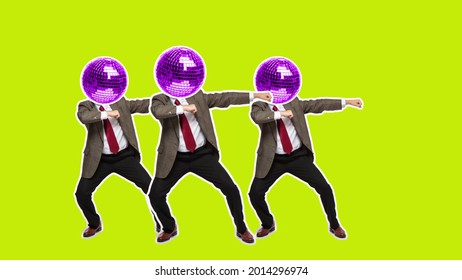 Dancing Businessman With Disco Ball Head. Fashion Dance With Color Background. Funny Man. Modern, Conceptual, Contemporary Bright  Art Collage. Party Time Concept