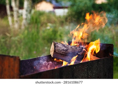 Dancing Flames Bring Warmth and Joy to a Serene Outdoor Gathering. In a peaceful outdoor setting, vibrant flames leap and flicker around a log placed in a fire pit.