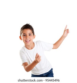 Dancing Happy Children Kid Boy With Fingers Up Isolated On White