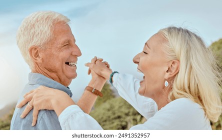 Dancing, happy and senior couple in nature for travel, vacation or holiday together with bonding. Smile, love and elderly man and woman with romantic groove on retirement weekend trip in Australia. - Powered by Shutterstock