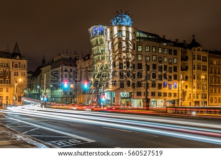 Dancing house in Prague at night, Czech republic