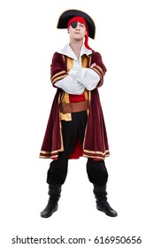 Dancing Man Wearing A Pirate Costume, Isolated On White In Full Length.