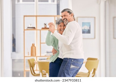 Dancing, mature couple and happy at home for anniversary, birthday or valentines celebration. Laugh, love and care of man and woman for healthy marriage, happiness and moving to music or funny laugh - Powered by Shutterstock