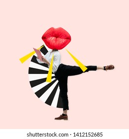 Dancing office woman in classic suit like a ballet dancer headed by the big red female lips against trendy coral background. Negative space to insert your text. Modern design. Contemporary art collage - Powered by Shutterstock