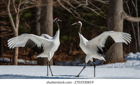 Dancing pair of Red-crowned crane with open wings, winter Hokkaido, Japan. Snowy dance in nature. Courtship of beautiful large white birds in snow. Bird love mating behaviour, animal dance.
