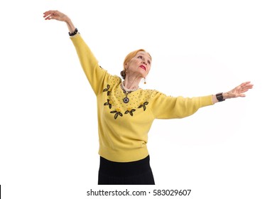 Dancing Senior Woman Isolated. Lady With Raised Arms. Former Ballet Dancer.