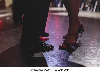 Dancing Shoes Of Young Couple, Couples Dancing Traditional Latin Argentinian Dance Milonga In The Ballroom, Tango Salsa Bachata Kizomba Lesson, Dance Festival, Wooden Floor, Close Up View Of Shoes