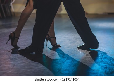 Dancing Shoes Of Young Couple, Couples Dancing Traditional Latin Argentinian Dance Milonga In The Ballroom, Tango Salsa Bachata Kizomba Lesson, Dance Festival, Wooden Floor, Close Up View Of Shoes