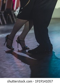 Dancing Shoes Of Young Couple, Couples Dancing Traditional Latin Argentinian Dance Milonga In The Ballroom, Tango Salsa Bachata Kizomba Lesson, Dance Festival, Wooden Floor, Close Up View Of Shoes