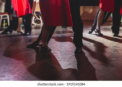 Dancing Shoes Of Young Couple, Couples Dancing Traditional Latin Argentinian Dance Milonga In The Ballroom, Tango Salsa Bachata Kizomba Lesson, Dance Festival, Wooden Floor, Close Up View Of Shoes