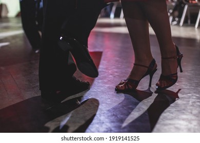 Dancing Shoes Of Young Couple, Couples Dancing Traditional Latin Argentinian Dance Milonga In The Ballroom, Tango Salsa Bachata Kizomba Lesson, Dance Festival, Wooden Floor, Close Up View Of Shoes