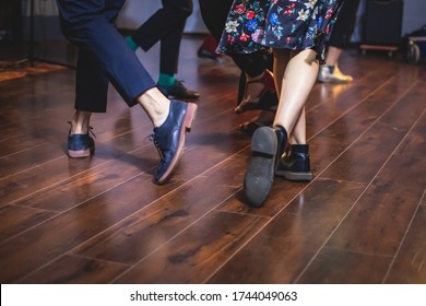 Dancing Shoes Of Young Couple Dance Retro Jazz Swing Dances On A Ballroom Club Wooden Floor, Close Up View Of Shoes, Female And Male, Dance Lessons