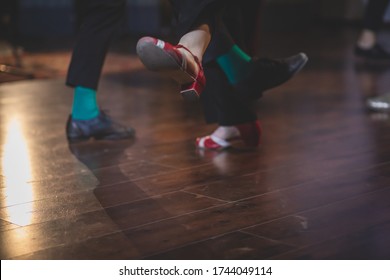 Dancing Shoes Of Young Couple Dance Retro Jazz Swing Dances On A Ballroom Club Wooden Floor, Close Up View Of Shoes, Female And Male, Dance Lessons