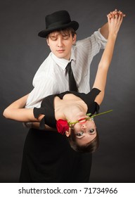 Dancing Tango Pair, Girl Holding Red Rose In Mouth