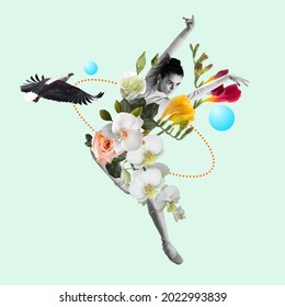Dancing woman - ballet dancer or performer with flowers on summer background. Copyspace. Modern design. Contemporary art collage. Concept of summertime, vacation, mood, beach, travel, leisure activity