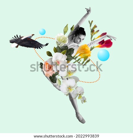 Dancing woman - ballet dancer or performer with flowers on summer background. Copyspace. Modern design. Contemporary art collage. Concept of summertime, vacation, mood, beach, travel, leisure activity
