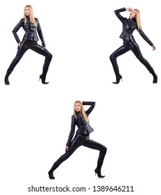 Dancing woman in black leather costume - Shutterstock ID 1389646211