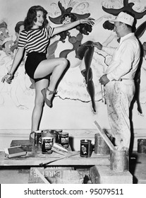 Dancing Woman Posing For Mural Painter