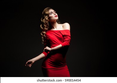 Dancing Woman In Red Dress On Black Background