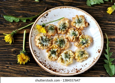 Dandelion Flowers Fried In Deep Fried. Recipes From Dandelion. Organic Healthy Food. Spring Recipe. Dishes From The First Green. Foraging