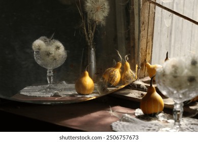 dandelion seeds in a vase and salsify seeds in a vase, reflected in the mirror. country still life