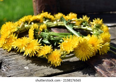 Dandelion wreath made of fresh flowers lying on old wooden horse cart