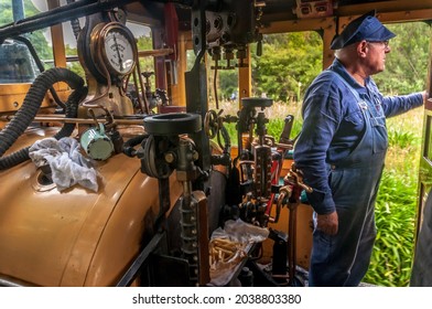 Dandenong Ranges, Victoria, Australia - 2011: Inside Puffing Billy's 7A Steam Locomotive Driver Compartment. Puffing Billy Is A Popular Vintage Tourist Steam Train Run By Volunteers.