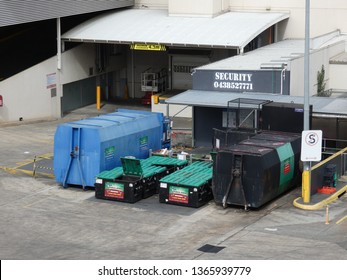 Dandenong, Victoria Australia April 4 2019 Loading bay with bins and trash compactors