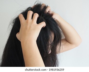 Dandruff Or Lice In Her Hair Woman And Scratching Her Head For Healthcare Concept. 