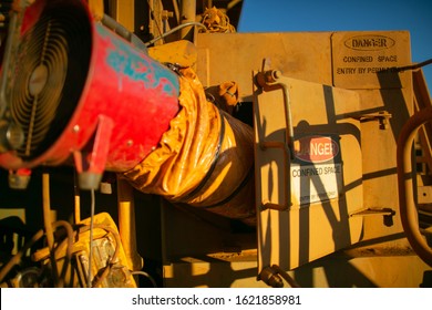 Danger Confined Space Sign Entry By Permit Only And Ventilation Fan Continue Monitoring During Worker Commencing Hot Work Inside   