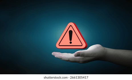 Danger and error alert concept. Notification red triangle warning symbol on human hand. Maintenance of security systems, and sensitive data protection.