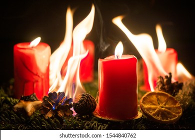 Danger Of Fire Hazard From A Burning Advent Wreath During Christmas Season 