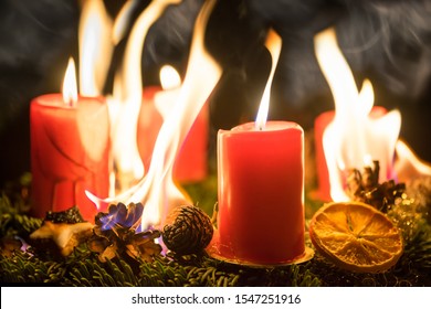 Danger Of Fire Hazard From A Burning Advent Wreath During Christmas Season 