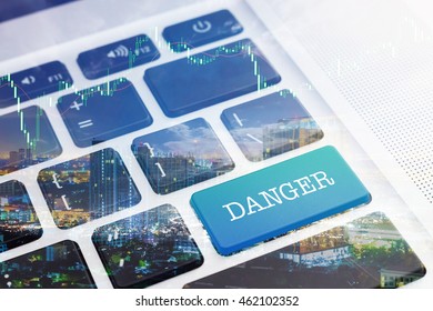 DANGER : Green button keyboard computer. Double Exposure Effects. Digital Business and Technology Concept.