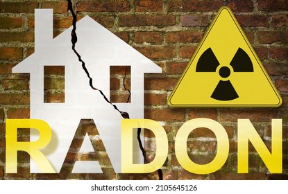 The danger of radon gas in our homes - concept with an outline of a small house with radon text against a damaged cracked brick wall and radiation hazard sign 