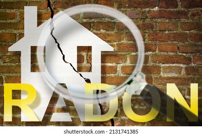 The danger of radon gas in our homes - concept with an outline of a small house with radon text against a damaged cracked brick wall and magnifying glass