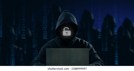 Dangerous Anonymous Hackers Are Using Laptops For Identity Theft, Internet, Cybercrime. Cyber Attack, Destruction And Malware Concept. Blackout. Digital Binary Code On Background.