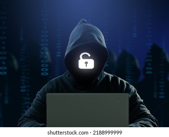 Dangerous Anonymous Hackers Are Using Laptops For Identity Theft, Internet, Cybercrime. Cyber Attack, Destruction And Malware Concept. Blackout. Digital Binary Code On Background.