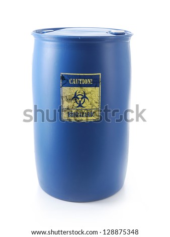 Dangerous biological materials stored in blue container with biohazard warning label shot on white