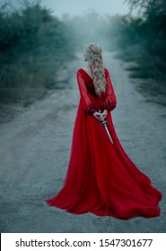 Dangerous Blonde Queen In Red Fashion Lush Dress Hides Dagger Behind. Backdrop Dark Fantasy Forest Fog. Concept Revenge Conspiracy Betrayal. Turned Away Back Beautiful Mysterious Woman Silhouette