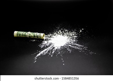 The Dangerous Cocaine With One Dollar. Heroine On Black Background. 