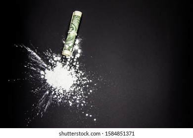 The Dangerous Cocaine With One Dollar. Heroine On Black Background. 