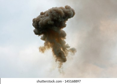 Dangerous And Dramatic Cloud Of Black Smoke After An Explosion In The Sky