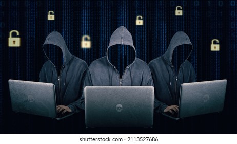 Dangerous Hooded Group Of Hackers. Internet, Cyber Crime, Cyber Attack, System Breaking And Malware Concept. Dark Face. Anonymous. Digital Binary Code On Background.