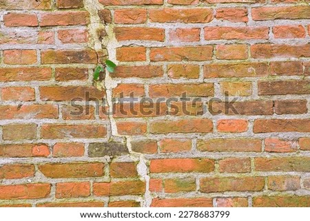 Dangerous old brick wall with deep grouted crack due to structural failure, subsidence or damage from earthquake 