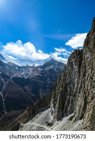 A Dangerous Passage Along The Landslide Area On The Way To Tilicho Base Camp, Annapurna Circus, Himalayas, Nepal. Dry And Desolated Landscape. Steep And Sharp Slopes. Extreme Trekking